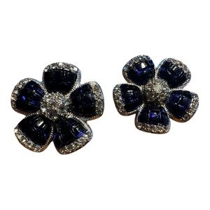 VTG Avon Nina Ricci Flower Earrings Signed Statement Silver Tone Faux Sapphire